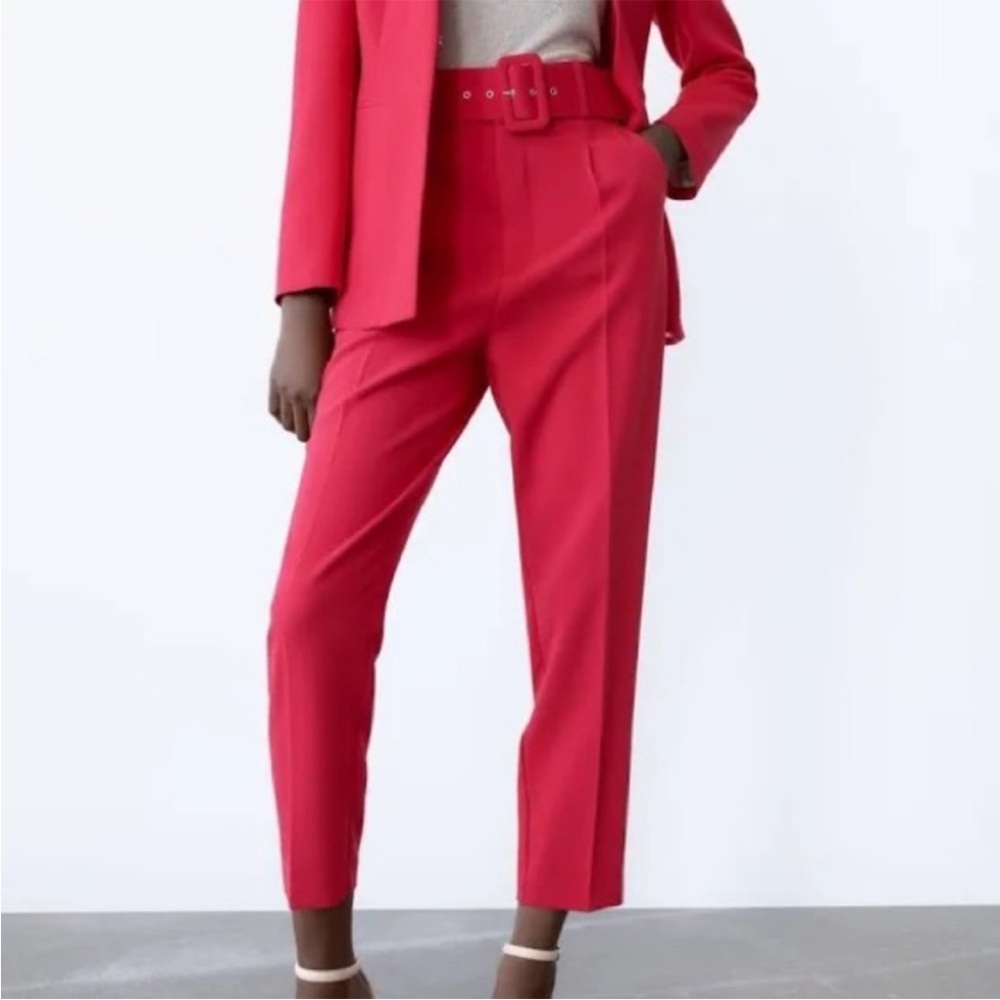 Zara Hot Pink Cropped Tailored Pants with Belt